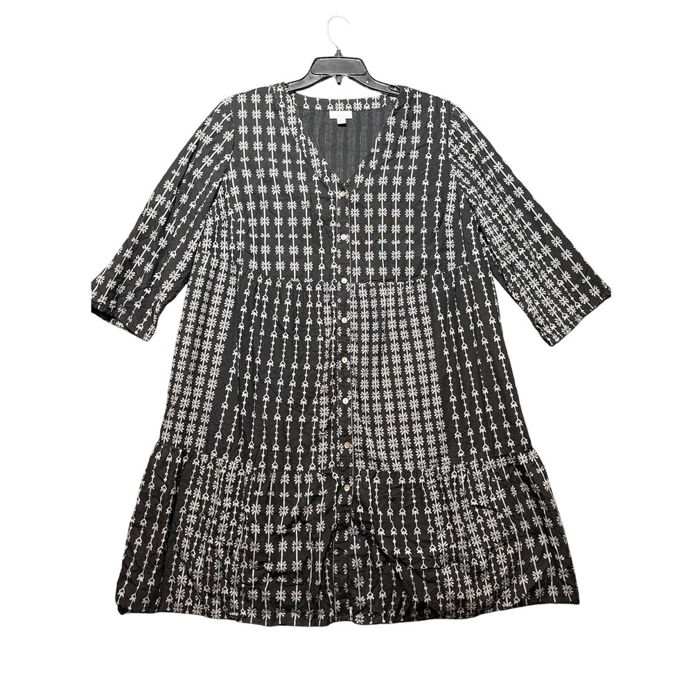 Pure Jill Elements Button Front Dress Women XL Black Geometric Cotton Tiered